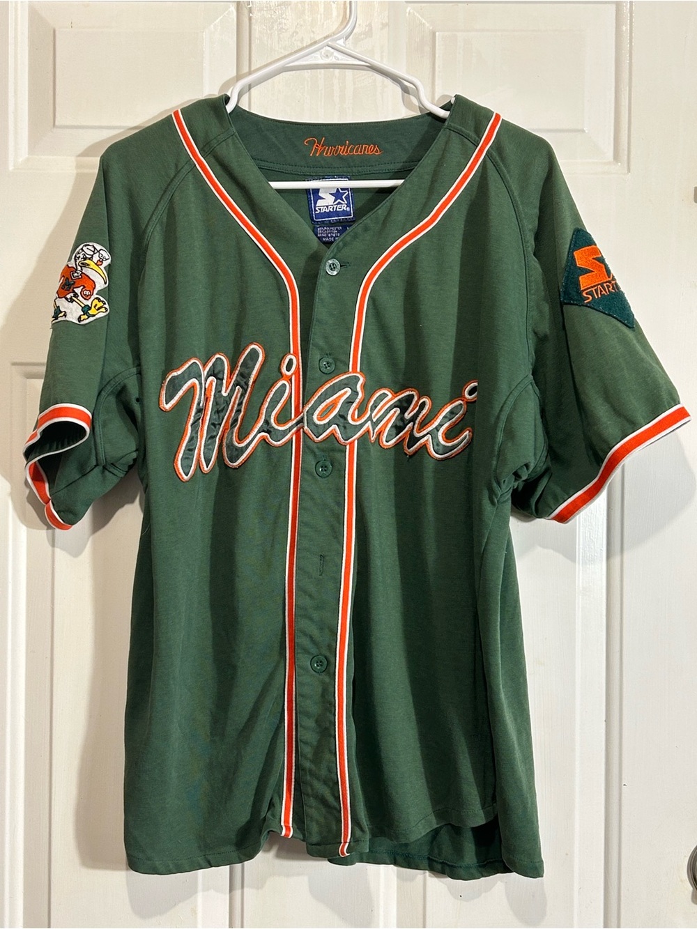 90s Vintage Starter Miami Hurricanes baseball jersey. Green/white/orange Sz M
